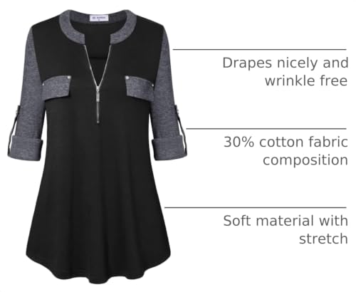 Image of Bulotus 3 /4 Length Sleeve Womens Striped Tops Zipper V Neck Collared Blouses Business Casual Tunics 2026 Spring Trendy
