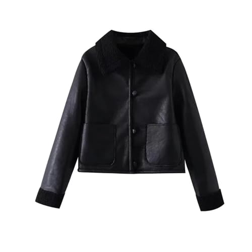 Manteau chaud en cuir noir pour femme style court veste intégrée automne