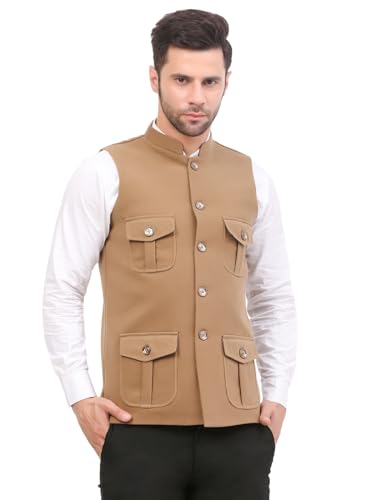 Image of FH Wearza Polywool tweed Solid multipocket Sleeveles Nehru Jacket For Men