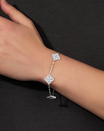 Iced Out 5A Cubic Zirconia Five-Flower Lucky Bracelet, Adjustable Chain Bracelet Dainty Four Leaf Bracelets For Women Trendy, White Gold Plated Stack Bracelets2