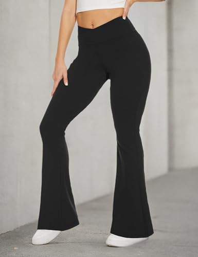 TNNZEET Black Flare Leggings for Women, Crossover Yoga Pants with Pockets Bootcut Flared Leggings