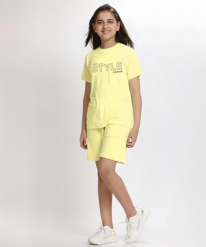 Image of KYDA KIDS Girls 100% Cotton Bio Washed Printed T-Shirt and Shorts Co-ords Clothing Set | Premium Soft & Breathable Summer Casual Comfort Outfit for Girls
