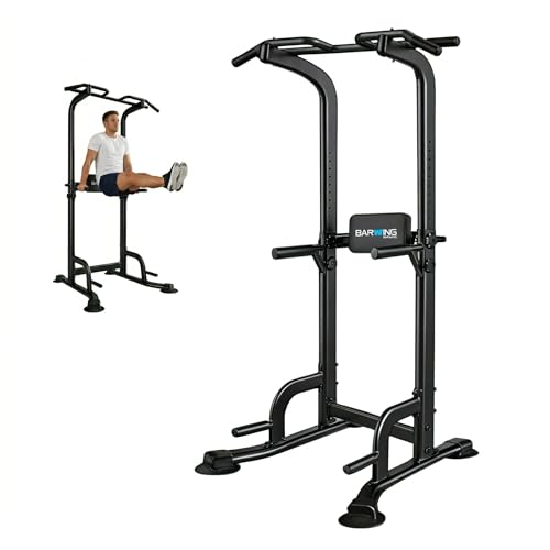 BARWING Pull Up Bar Station,Power Tower,Dip Station with 3D Backrest,Multi-Function Strength Training Stand Rack,Adjustable Height Dip Bars for Home Gym Strength Training Fitness Equipmentï¼ˆFull Blackï¼‰