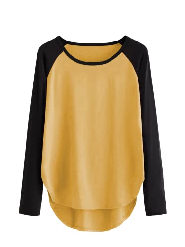 Fabricorn Camiseta de manga larga raglán de color granate y negro para mujer, Amarillo mostaza, 44