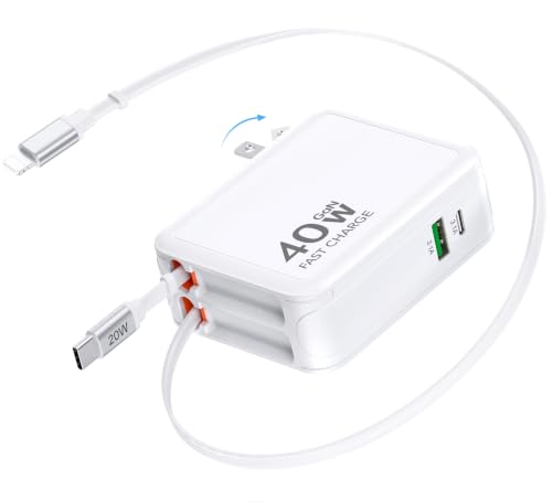 Image of Retractable Wall Charger,40W USB Charger Wall Plug with USBC & Apple Cable,4-in-1 Fast Charging Foldable Block Multi Charger,Travel Essentials Brick Multiport for iPhone 17 /16 /15,iPad,Galaxy,LG,Pixel