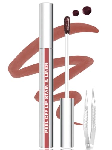 Image of Lip Stain Peel Off Lip Liner Stain with Tweezer, Long Lasting Matte Lip Tint Tattoo, Highly Pigmented Color Lip Makeup, Waterproof Lipstick, Transfer-proof Lipstain for Women, Chestnut Brown