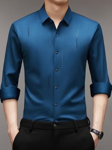 Image of IndoPrimo Men's Regular Fit Satin Designer Shirt with Stylish Vertical Line Sequence | Long Sleeve Formal & Casual Button Down Shirt for Casual and Party Look