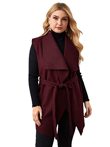 WDIRARA Women's Plus Size Open Front Sleeveless Belted Vest Cardigan Jacket Burgundy 3XL