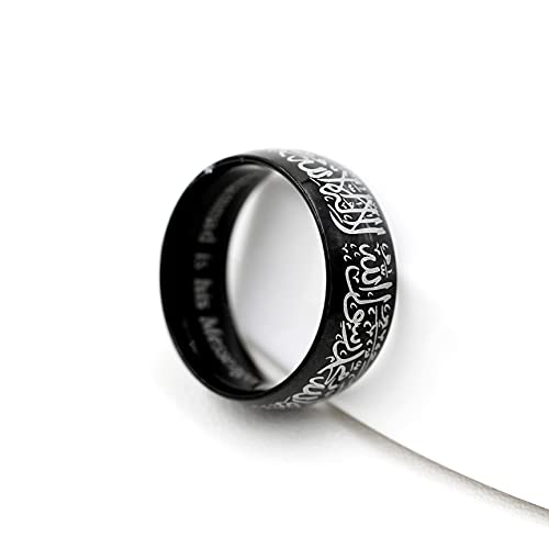 Uloveido 8mm Muslim Allah Engraved Shahada Stainless Steel Black Titanium Ring Islam Arabic God Mantra Ring for Men (Black, Size 6)