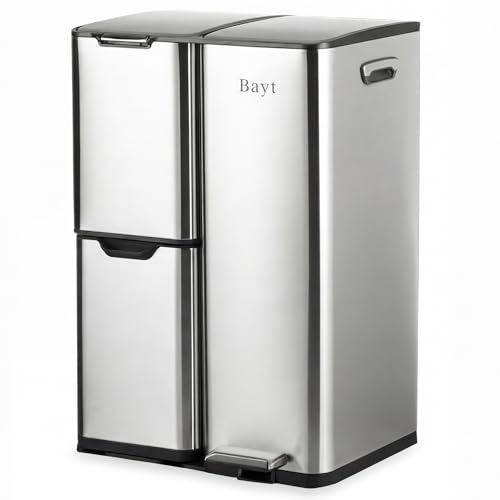 Bayt Poubelle Cuisine - Poubelle 60 Litres - Poubelle à Pédale 60L - Tri des Déchets 3 Compartiments - Corbeille à Pédale Inox - Argent