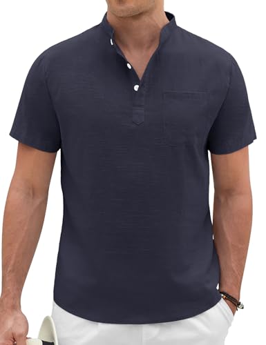 Voqeen Camisa Lino Hombre Henley Camisas Manga Corta Casuales para Verano Sin Cuello Abotonadas Tshirt Camisetas De Playa con Bolsillo