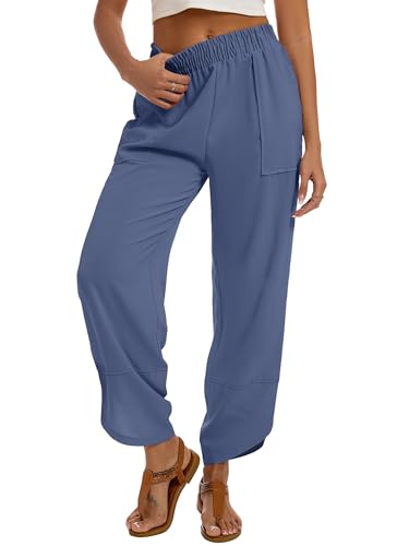 Womens Baggy Wide Leg Pants Casual Elastic Waisted Lounge Pants Palazzo Harem Pants Trousers with Pockets