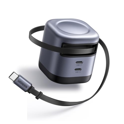 UGREEN Nexode Retractable 45W GaN Charger for iPhone 17, 3-Port USB C Fast Charger with 2.26ft Cable for iPhone 17/16/15/14/13 Series, Samsung Galaxy S25/24 Ultra, Pixel, iPad, Space Grey