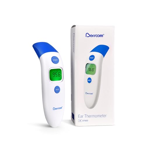 Berrcom Termometro Febbre Termometro Fronte e Orecchio Termometro Infrarossi Neonato Senza Contatto Termometro Digitale con Lettura Istantanea, Allarme Febbre, Interruttore °C/°F