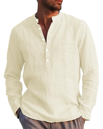 Damen Leinenhemd Langarm – Lässiges Button-Down Shirt Mit Stehkragen, Lockere Passform