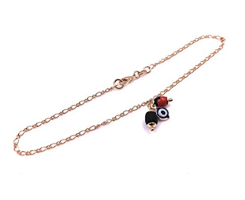 Sifrimania Anklets For Women 18K Gold Plated Figaro Chain Jet Stone And Evil Eye Charm #TOP4