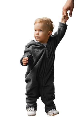 Hoppediz Baby Overall aus Fleece, extra lange Beine - perfekt für die Babytrage, Umschlagbündchen an Händen und Füßen - anthrazit 68-74