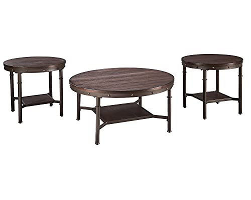 Signature Design by Ashley Sandling Rustic 3-Piece Table Set, Includes 1 Coffee Table and 2 End Tables with Shelf, Brown