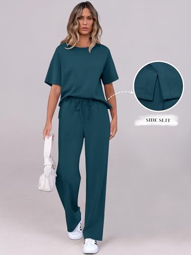 ANRABESS Lounge Sets for Women 2 Piece Summer Casual Travel Outfits 2026 Short Sleeve Wide Leg Pants Matching Set Sweatsuits Medium — view 4