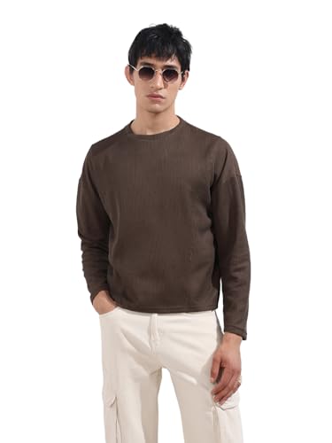 Image of The Indian Garage Co Men Boxy Textured Full Sleeves Crew Neck T-Shirt