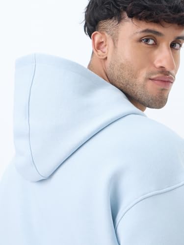 Image of The Souled Store: Marine Men and Boys Full Sleeves Hooded Neck Light Blue Solid Cotton Blend Premium Heavy Fleece Oversized Pullover Hoodie
