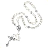 Terço Nossa Senhora Aparecida Pérola Branca Grande - 47 cm – Rosario com Medalhas e Crucifixo Dupla Face em Aço Inox