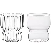 KWQBHW 2 Pcs Ribbed Glass Cups 10oz Ripple Drinking Glasses Set Vintage Wave Shape Iced Coffee Gl...