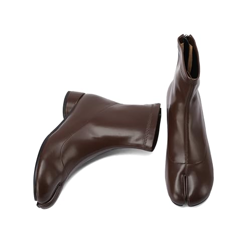 Image of Split Toe Ankle Boots for Women Tabi Japanese Ninja Shoes Low Chunky Heels Booties, Stretch Artificial Leather Boots Back Zipper