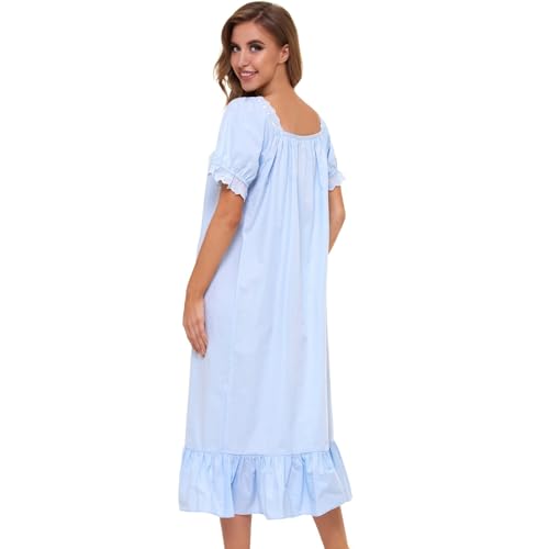 Image of Lu's Chic Women's Victorian Nightgown Cotton Sleepwear Long Loungewear Short Sleeve Soft Nightwear Night Dress Sleep Calf Length Ruffle Nightdress Scoop Neck Lace Solid Blue X-Large