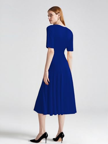 Image of Comfortable Dresses for Women Stretchy Flattering Fit Wrap Dress V Neck Short Sleeve Tie Waist Daily Wear Work Vacation