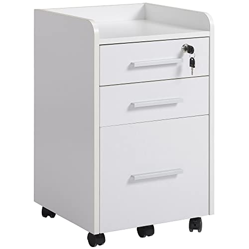 HOMCOM Caisson de bureau rangement bureau sur roulettes 3 tiroirs 1 verrouillable 1 trieur dossiers en bois blanc