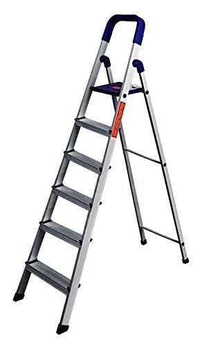 Image of 6 Step Foldable Aluminium Step Ladder with Railing for Household, Lightweight and Anti-Slip Multipurpose - Anti-Slip, Heavy-Duty Design for Indoor & Outdoor Use.