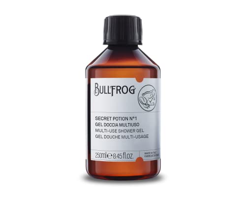 Bullfrog - Gel Doccia Multiuso Secret Potion N.1: Detergente per Corpo, Viso e Capelli, 92,3% Naturale, Fragranza Legnosa e Ambrata, Versatile e Rivitalizzante, Made in Italy, 250 ml
