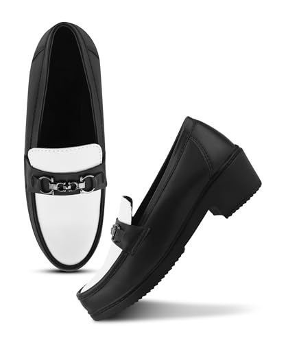Image of JM LOOKS Elegant Two-Tone Slip-On Loafers with Block Heel and Sophisticated Metallic Bit Ornament for Formal Wear