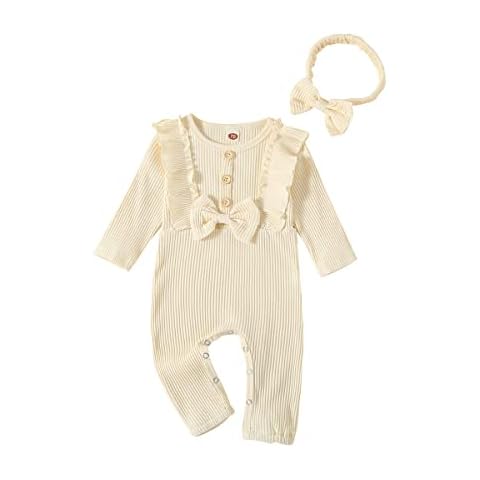 QUNERY Newborn Baby Girl Clothes Solid Color One Piece Romper Pajamas Long Sleeve Jumpsuit Fall Clothes Beige 0-3 months Cover