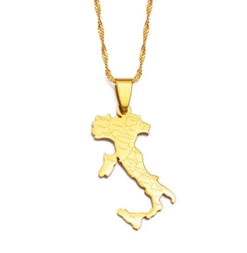 Stylish-Art Italie Avec Des Villes Nom Carte Mode Pendentif Et Chaîne Colliers,National Italien Pour Femmes Hommes Cartes Géométrie Bijoux Amulette Ornements Patriotiques,Or,Chaîne De 45 Cm