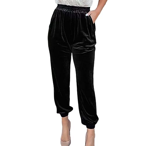 Pantalones de terciopelo para mujer, de cintura alta, deportivos, casuales, pantalones deportivos lisos, pantalones de chándal sueltos, pierna recta, pantalones de descanso con bolsillo, Negro, M