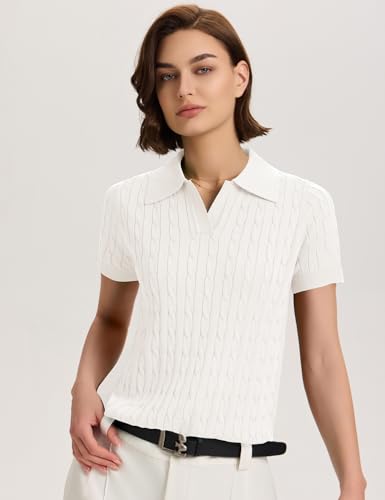Image of Micoson Womens Short Sleeve Sweater Tops Lapel V Neck Polo Shirts 2026 Summer Cable Knit Loose Blouse Business Casual Outfits