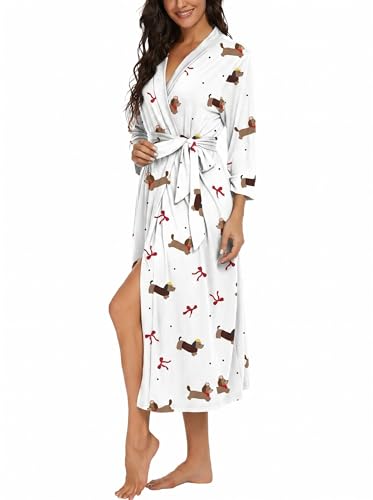 Image of VINTATRE Robes for Women Long Knit Bathrobe XS-4XL | 3 /4 Sleeve Bathrobes with Pockets, Stretchy and Lightweight Fabric, Inner Tie and Fixed Outer Belt, Mid Calf Length