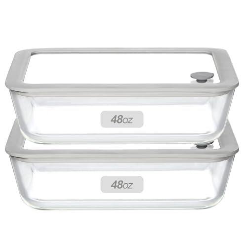 Glass Food Containers with Glass Lid, Microwave Safe Food Storage Container Set, 2 Pack of 48oz, Large Size Meal Prep Storage Set with Airtight Leak Proof Lid.