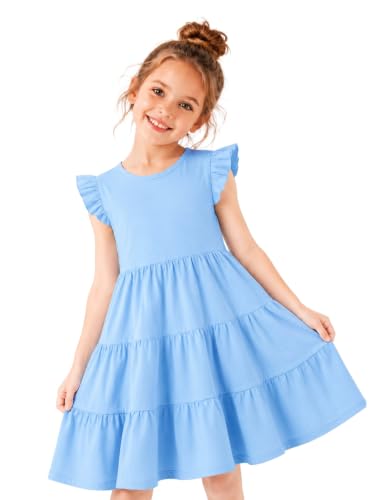 Image of HILEELANG Girls Cotton Tiered Dress Flutter Ruffle Sleeve Summer Swing Sundress Birthday Party Casual Outfit Colorblock 2-12Y