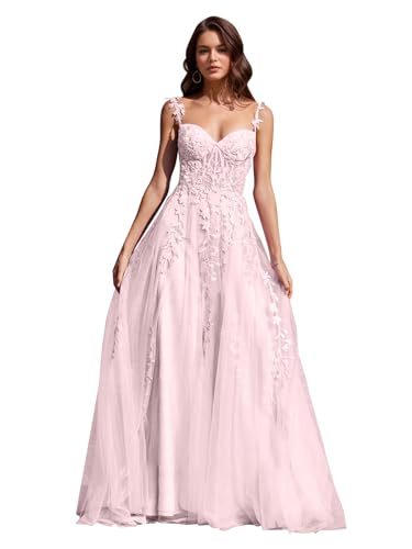 Image of Long Tulle Prom Dresses 2025 V Neck Floral Long Ball Gowns for Women Lace Applique Formal Evening Gowns ACE159