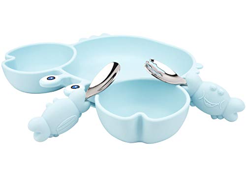 Image of Silicone Suction Plate for Toddlers with Fork Spoon Set - Self Feeding Training Divided Plate Dish and Bowl for Baby and Toddler, Fits for Most Highchairs Trays (Light Blue)