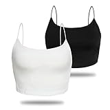 Amilia Women's Basic Solid Cami Spaghetti Double Layer Crop Tank Top (Black&White, S)