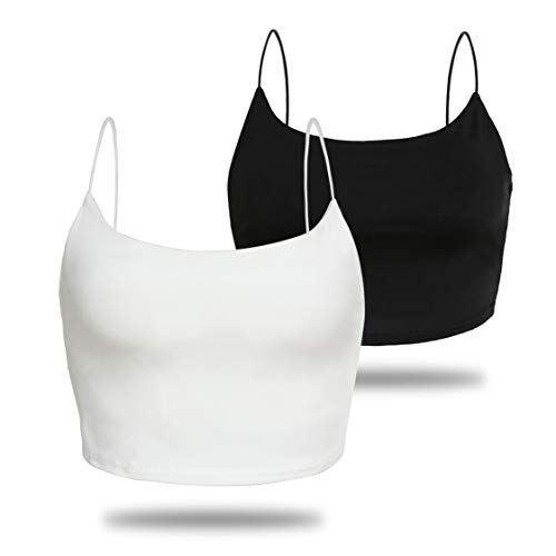 Amilia Women's Basic Solid Cami Spaghetti Double Layer Crop Tank Top
