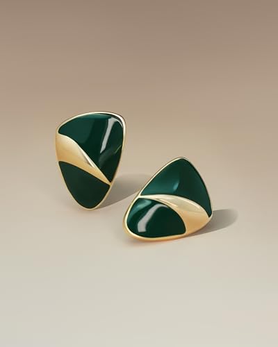 Dark Green Enamel Gold Shield Stud Statement Earrings for Women by SNGIA, Elegant Handmade Trendy Jewelry Gifts, Triangle Huggies Fashion Button Earrings Accessories, Vintage Thin Nickle Free Huggie Earrings.3