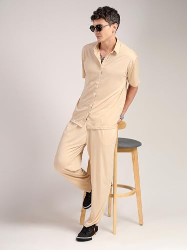 Image of Thomas Scott Men's | Relaxed Fit | Solid | 100% Polyester | Co-Ord Set With Short Sleeves & Spread Collar