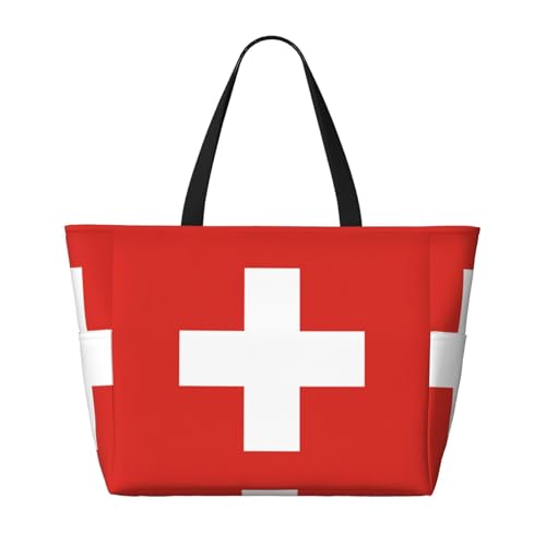 Swiss Flag Printed beach travel bag, perfect for shopping bags, swimming pools, gyms, travel shopping, large capacity beach bag with zipper,2