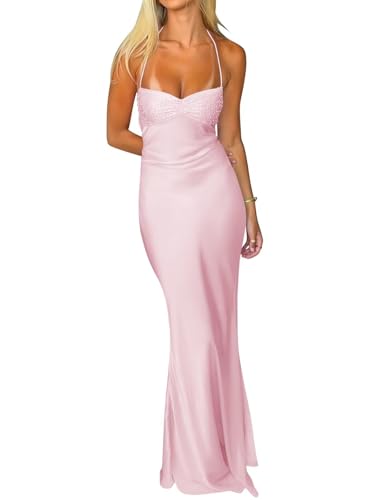 Fivsole Pink Satin Prom Dress for Women 2026 Long Beaded Tight Sweetheart Neck Floor Length Maxi...