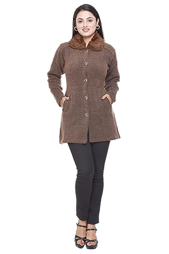 Image of Women Woolen Buttoned Fur Collar Neck Stylish Party Winter Wear Coat Cardigan Sweater